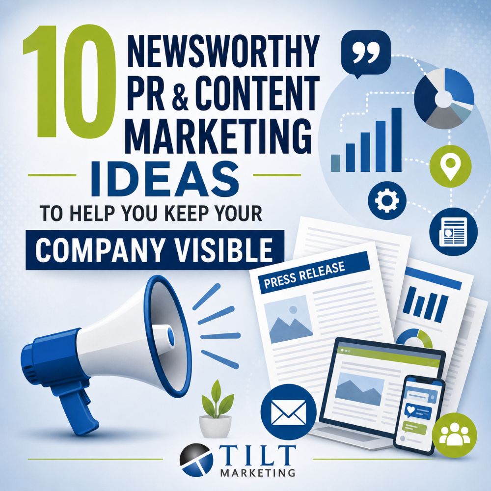 Press Release Ideas & Quality Content https://www.tiltmarketing.com/public-relations/press-release-ideas-quality-content/ Press releases can still support visibility when the topic is timely, relevant, and useful. This post shares ideas for creating stronger PR content and business announcements. #TiltMarketing #PublicRelations #PressRelease #ContentMarketing #BrandVisibility Tilt Marketing public relations graphic featuring press release ideas and content strategy