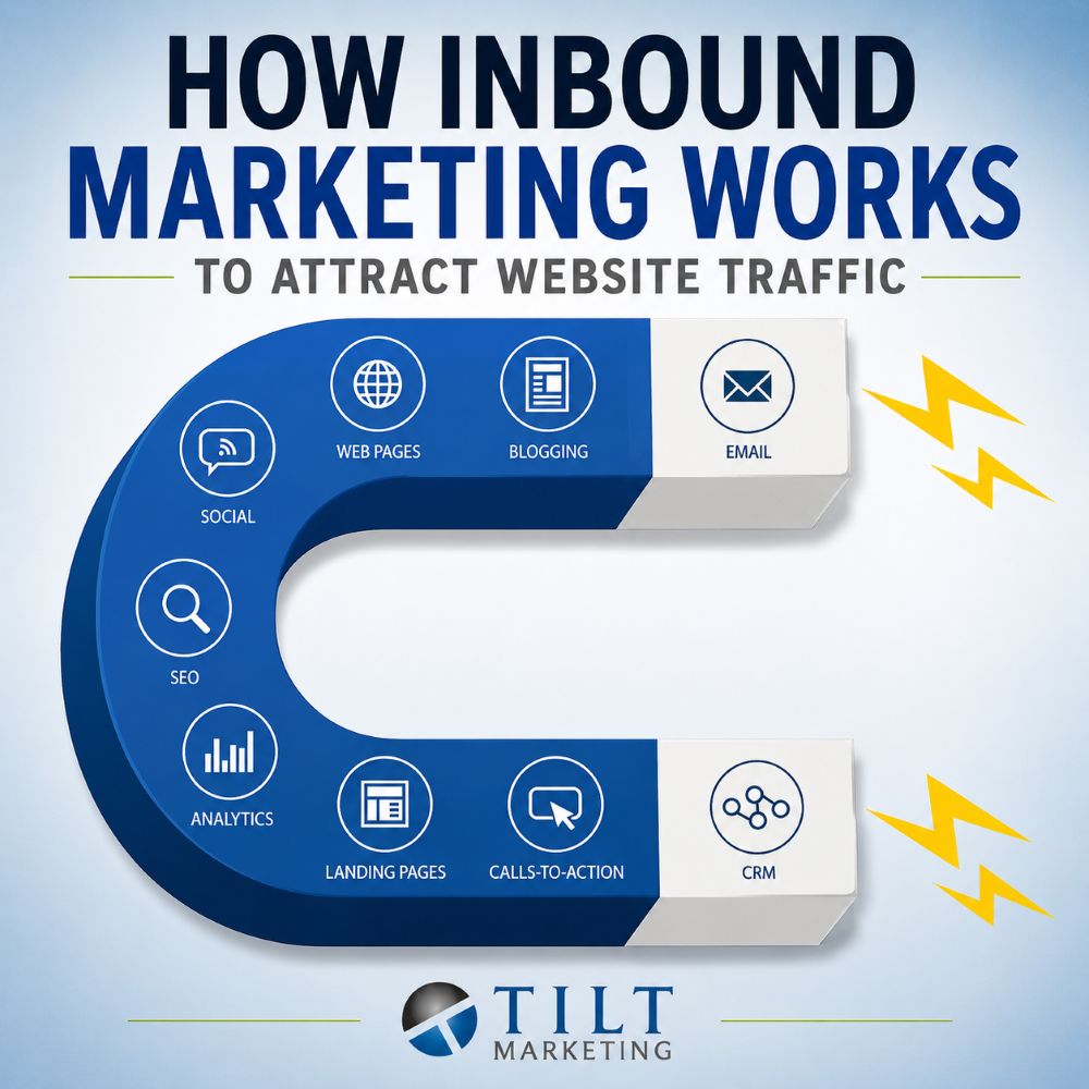 Content Marketing https://www.tiltmarketing.com/inbound-marketing/content-marketing/ Inbound marketing helps attract the right visitors by using useful content, SEO, web pages, email, and calls-to-action. This post explains how content supports website traffic and long-term visibility. #TiltMarketing #InboundMarketing #ContentMarketing #WebsiteTraffic #DigitalMarketing Tilt Marketing inbound marketing graphic illustrating content and website traffic strategy
