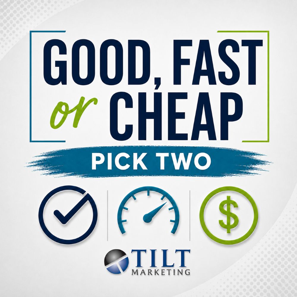 Tilt Marketing project management graphic illustrating the good fast cheap business tradeoff