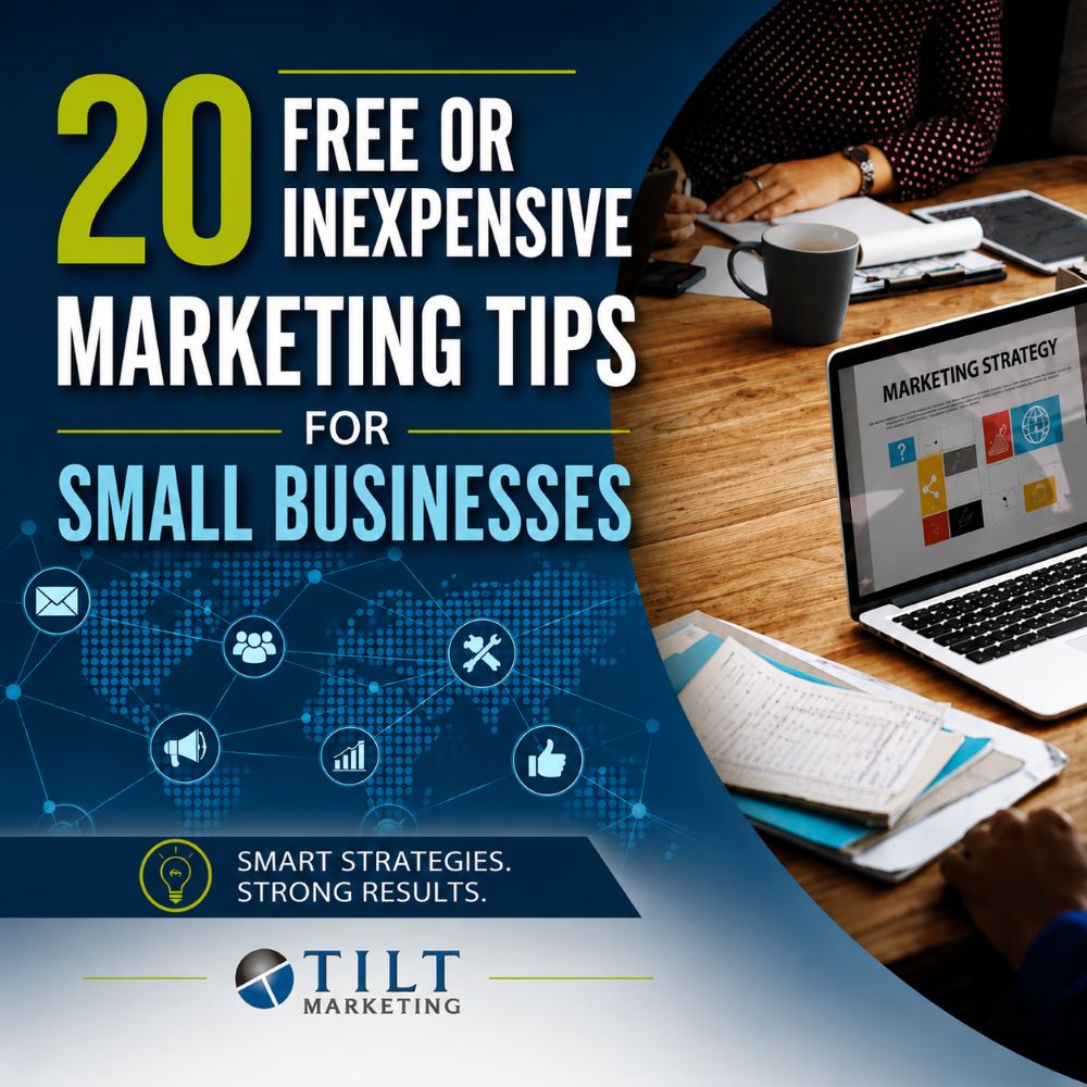 Tilt Marketing graphic featuring affordable marketing ideas for small business growth