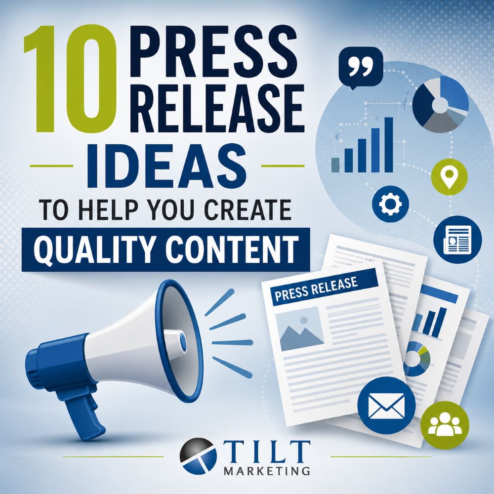 Press Release Ideas & Quality Content https://www.tiltmarketing.com/public-relations/press-release-ideas-quality-content/ Press releases can still support visibility when the topic is timely, relevant, and useful. This post shares ideas for creating stronger PR content and business announcements. #TiltMarketing #PublicRelations #PressRelease #ContentMarketing #BrandVisibility Tilt Marketing public relations graphic featuring press release ideas and content strategy