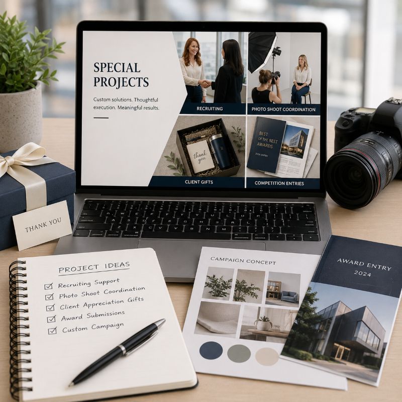 Graphic illustrating special marketing project planning and business support materials by Tilt Marketing