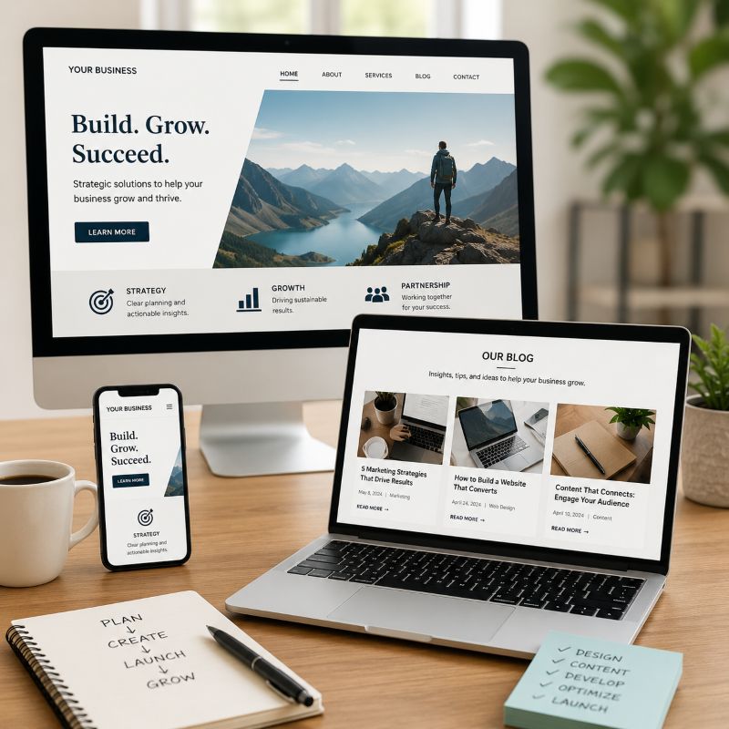Image of website screen and blog content examples created by Tilt Marketing for business growth