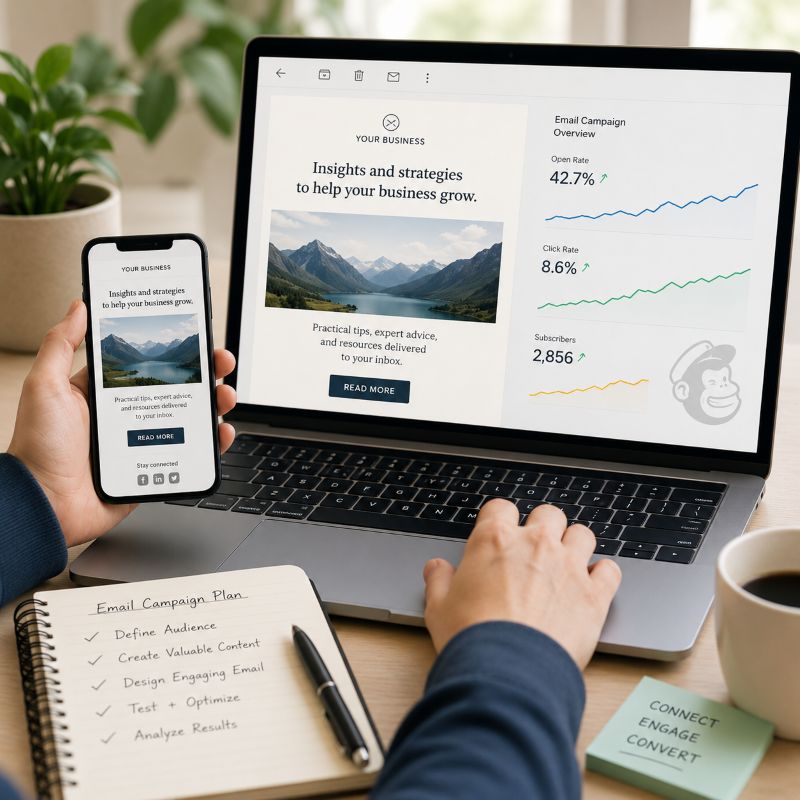 Graphic representing email marketing and newsletter strategy by Tilt Marketing