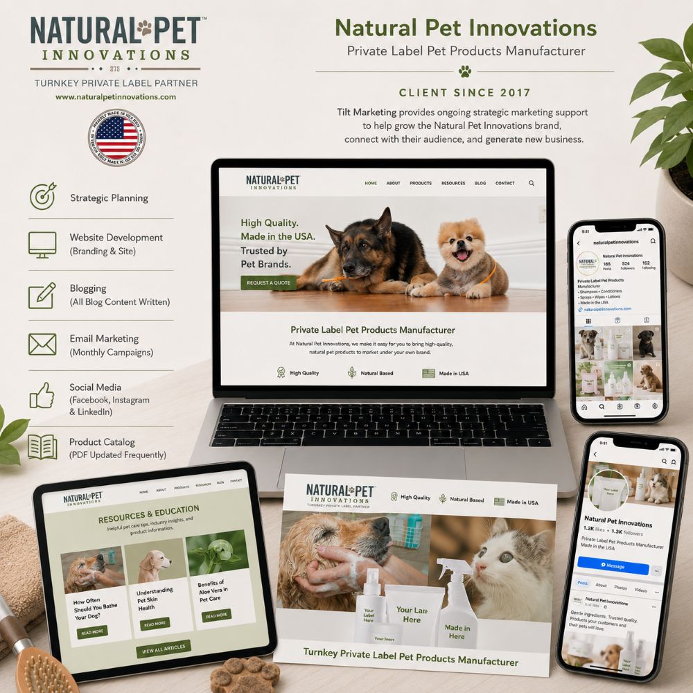 Natural Pet Innovations marketing and website support examples from Tilt Marketing