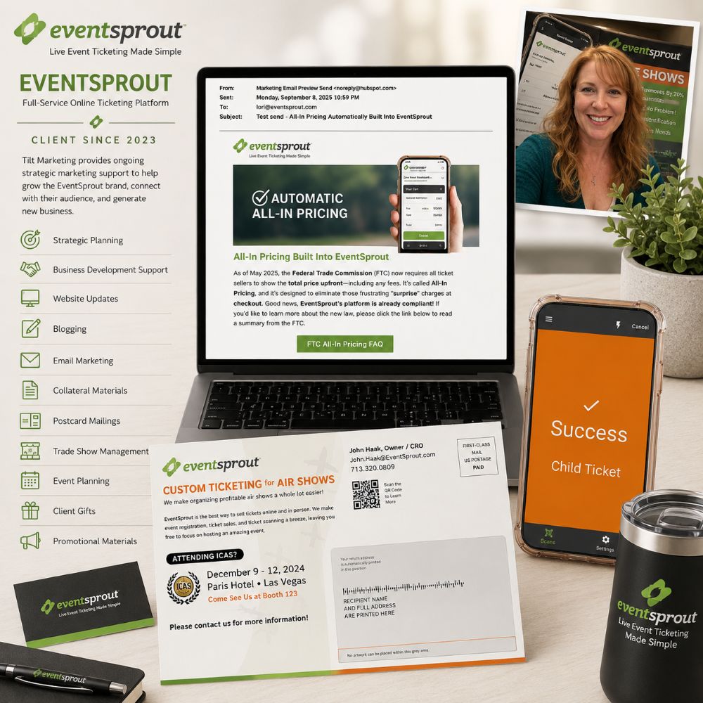 Marketing materials and website examples created by Tilt Marketing for EventSprout ticketing platform